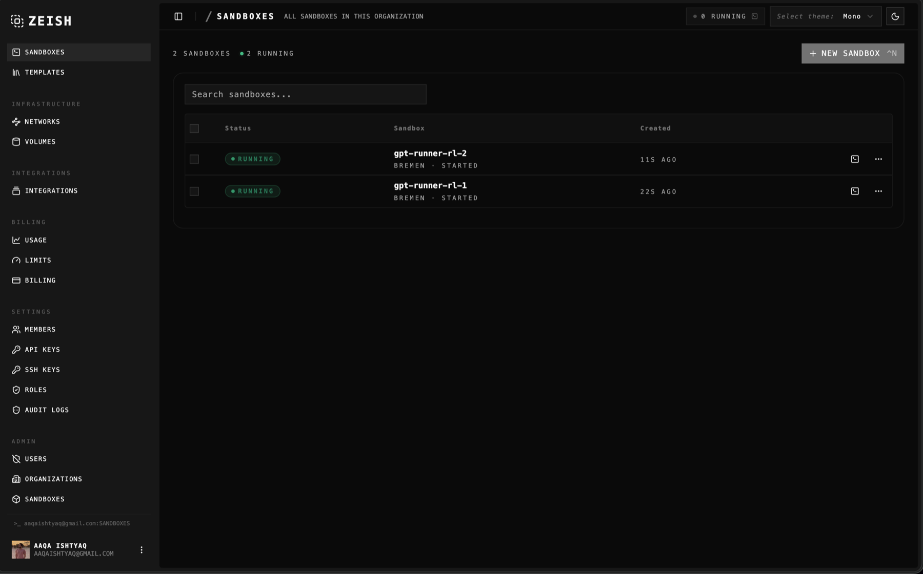 Zeish console showing running sandboxes